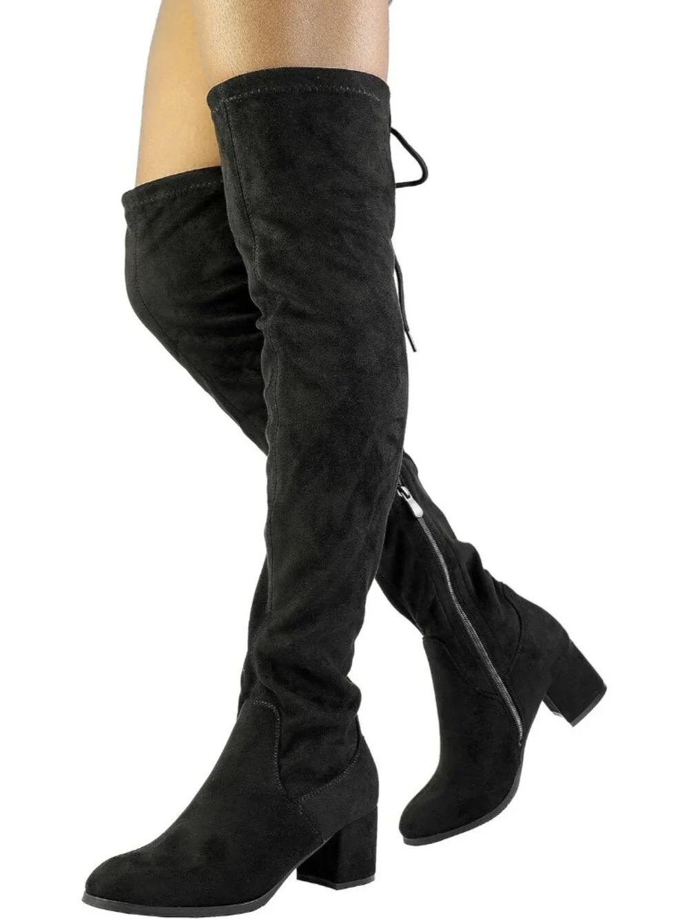 Women's Black Pu Faux Suede Fall Chunky Heel Over The Knee Thigh High Boots